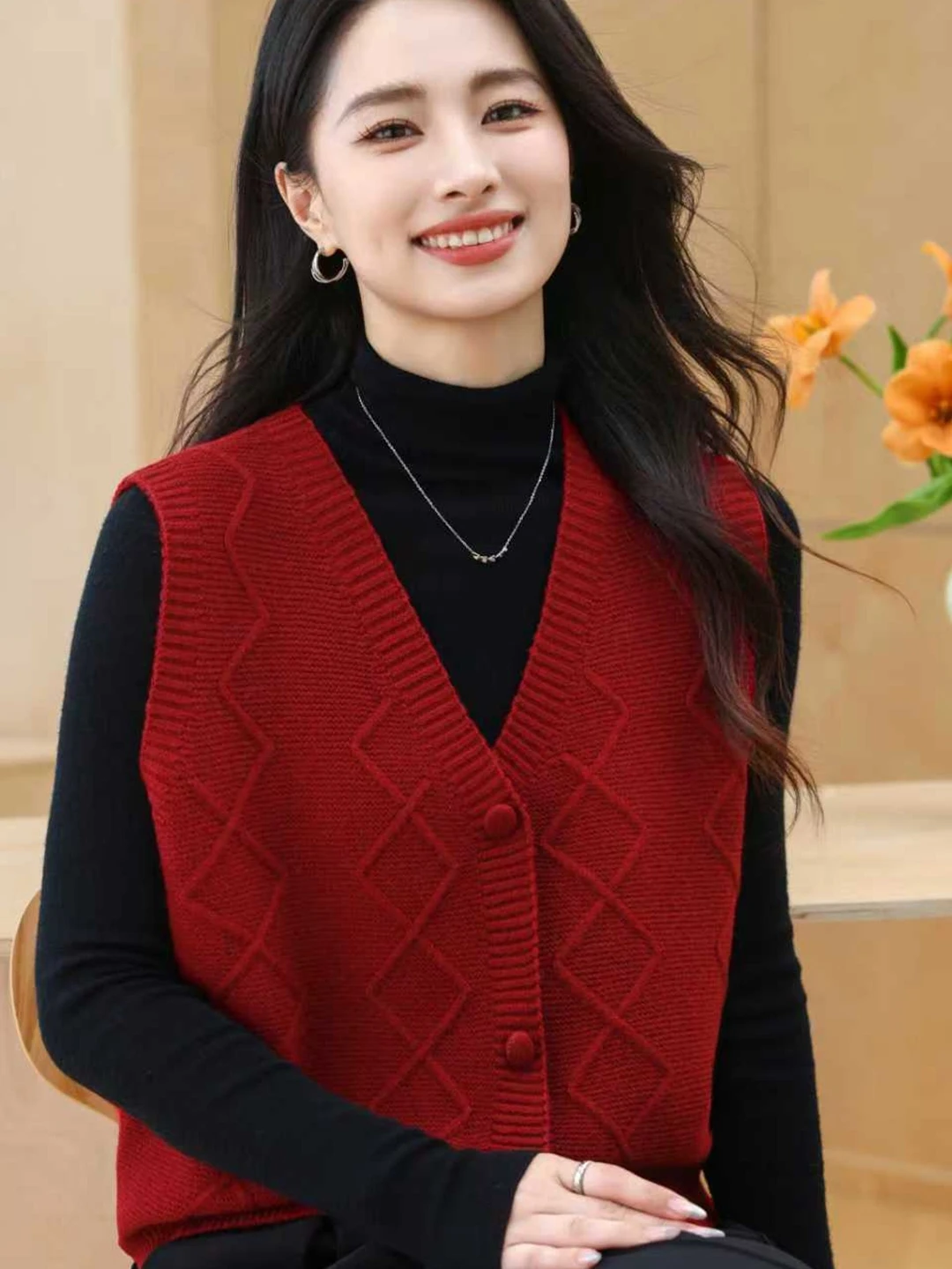 

Модный красный вязаный свитер, жилет, женская верхняя одежда с v-образным вырезом на пуговицах, стандартная длина, ранняя осень, новое поступление