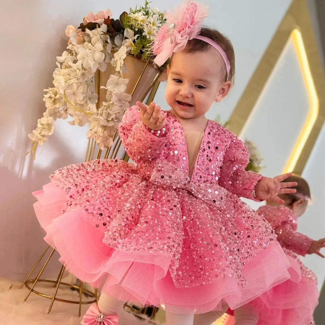 

Customized Pink Flower Girl Dress Sequin Tulle With Bow Long Sleeve For Wedding Birthday Party Pageant Holy Communion Gown
