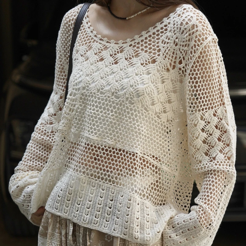 

Autumn Winter Heavy-duty Crocheted Hollow Knitted Blouse Casual Beach Vacation Tops For Women Blouse