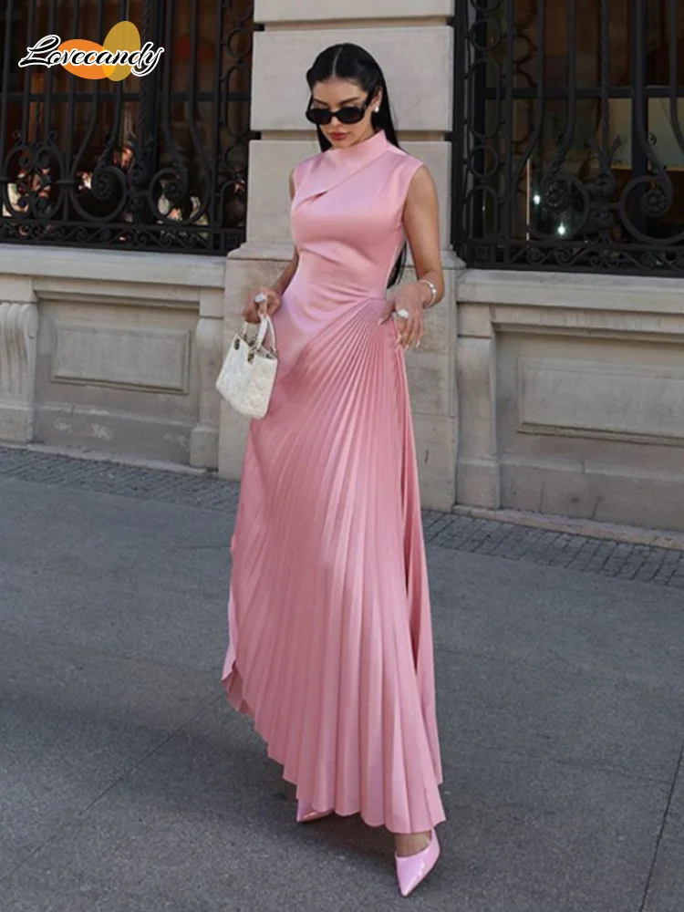 Elegant Lady Round Neck Pleated Long Dresses Women Fashion High Waist Solid Color Maxi Dress 2024 Female New Party Evening Gowns