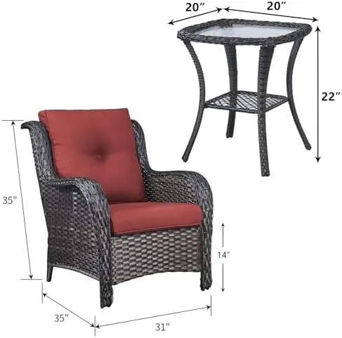 3-Piece Wicker Bistro Set with Chair & Side Table (Brown/Red)