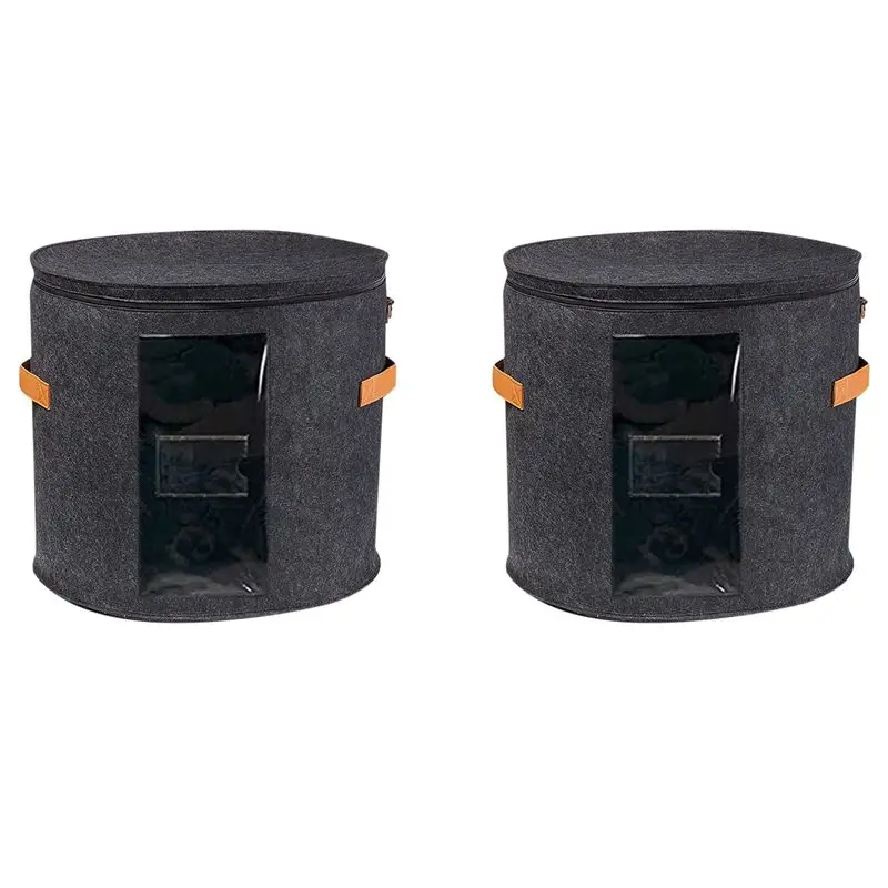 

2X Round Hat Storage Box - Foldable Hat Box With Lid For Stuffed Clothes And Animal , Carrying Box Dark Grey-AT36