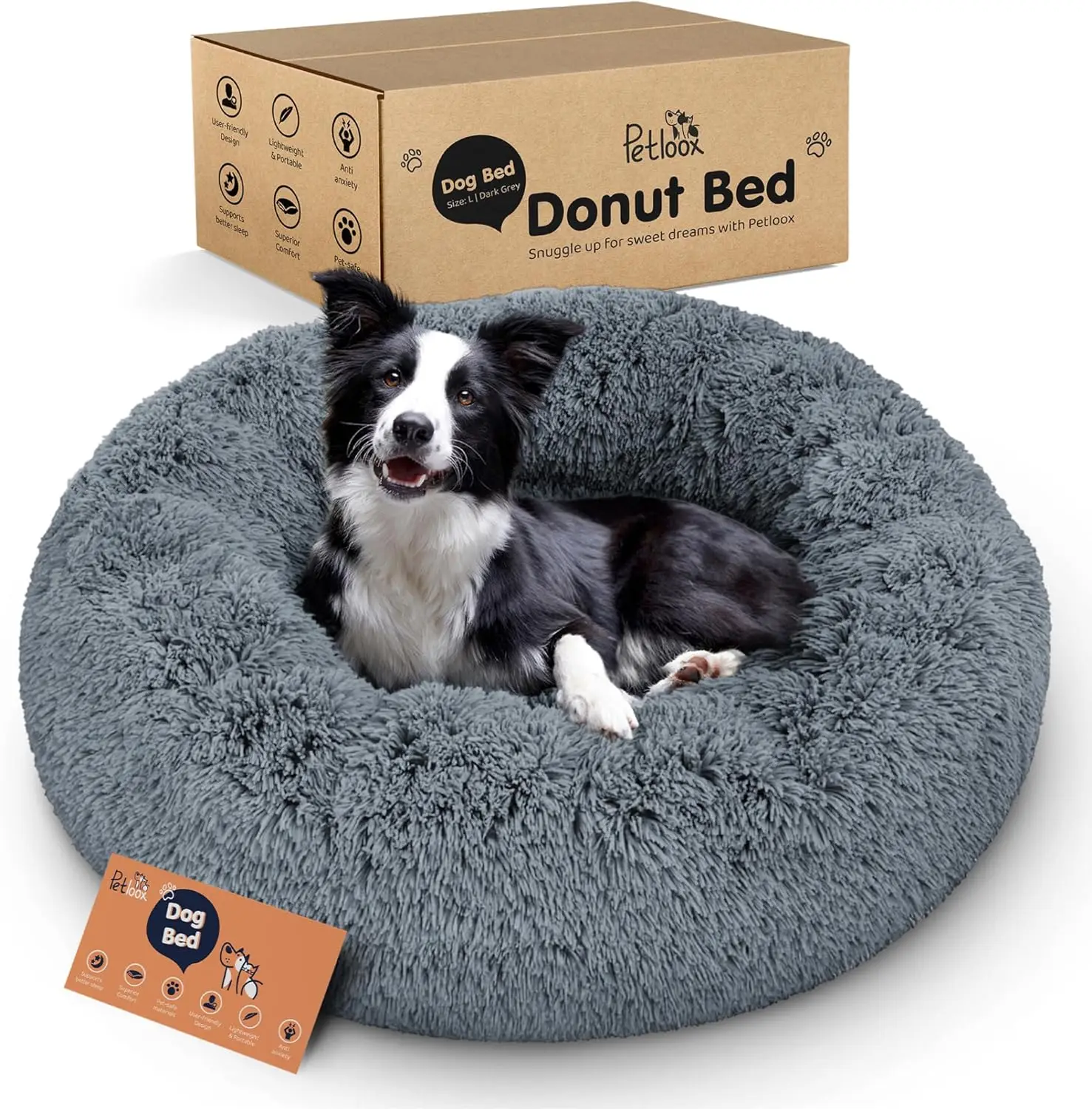 

Ultra-Plush Donut Dog Bed for Anxiety Relief - Cozy Round Design with Calming Support in Dark Grey, Large