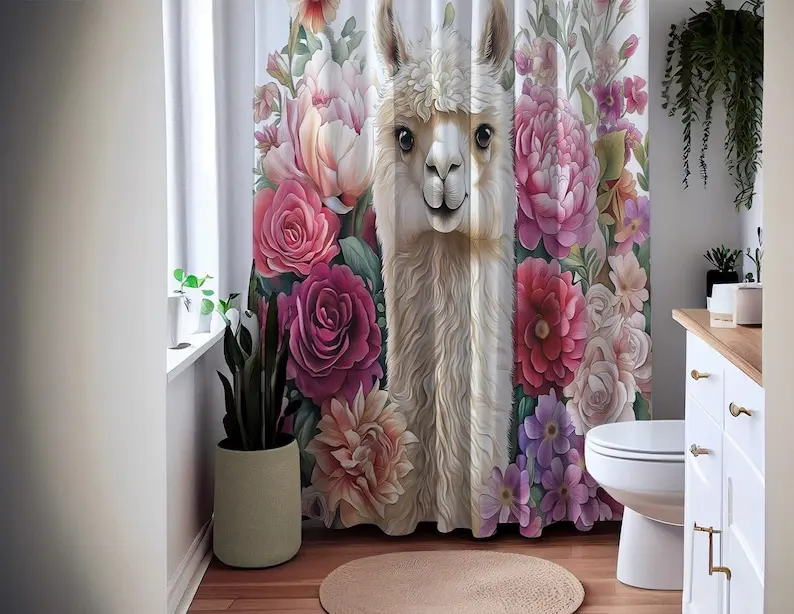 Llama Shower Curtain, Waterproof Fabric Bath Curtain, Cute Llama and Floral Bathroom Decor, Fun Nature-Inspired Design