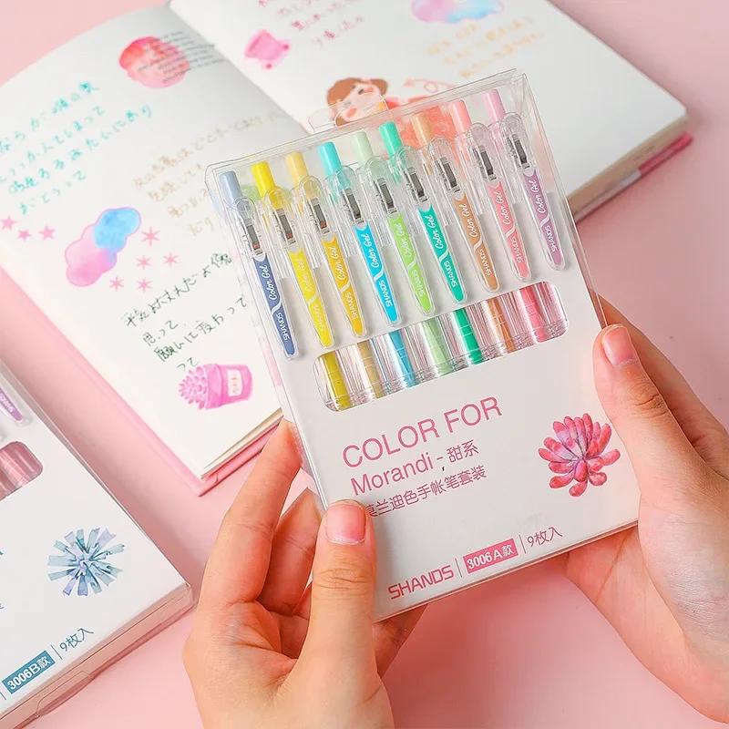 9 PCS Colored Gel Pens Set 0.5 mm Journaling Scrapbook Kawaii Ballpoint Pens Stationery Retractable Pen Office Accessories