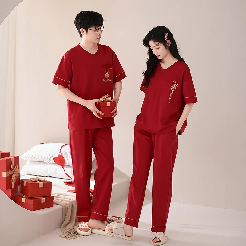 High Quality Couple Pajamas Sets 100% Cotton Short Tops+Long Pants Sleepwear Women and Men Casual Pyjamas