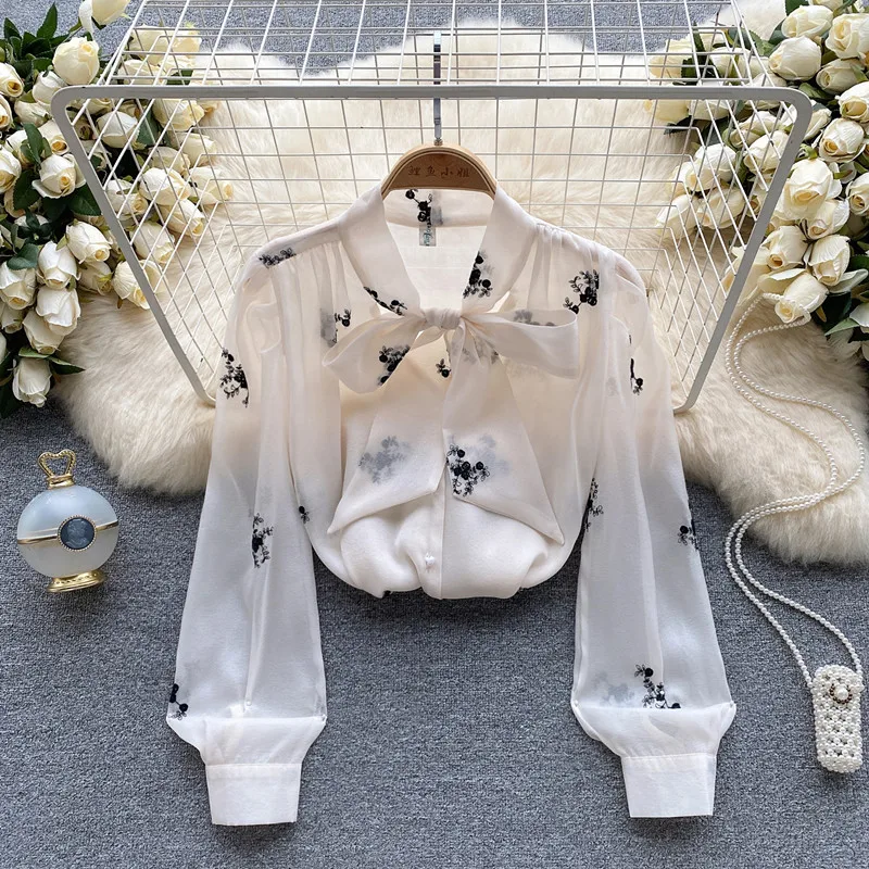 

High quality Bow bandage Long Sleeve Chiffon Shirt Women's Autumn 2023 New Flower Embroidery Top blouses