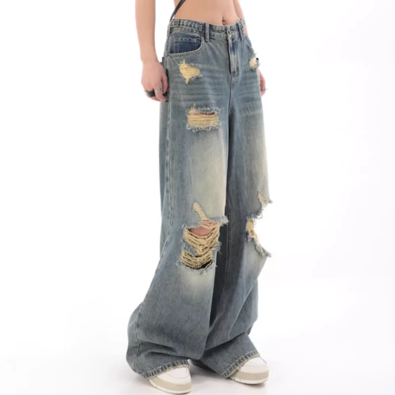 

Women's pierced jeans, wide leg straight jeans and versatile jeans, black and grey, American urban fashion, new for summer