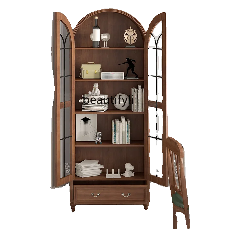 xx1Solid wood American 80cm 1 meter floor-to-ceiling bookshelf glass door wine cabinet storage cabinet