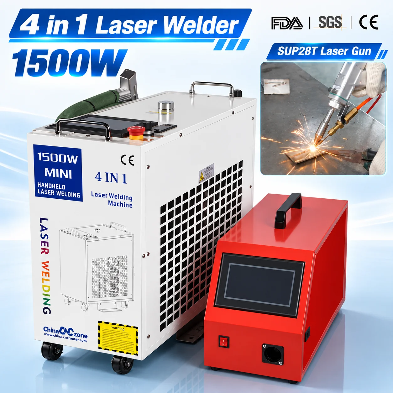 Saldatrice laser 1500W SUP28T Pistola laser 4 in 1 Macchina per saldatura, pulizia, taglio e saldatura a laser Saldatrice laser per metallo Macchina per saldatura laser a fibra 2000W
