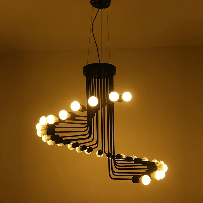 Nordic Creative LED Ceiling Chandelier Black 16/26 Head Iron Hanging Light Coffee Bar Restaurant Spiral Pendant Decorate Fixture