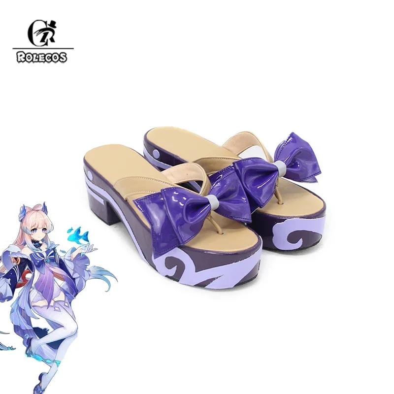 Rolecos game Genshin impact kokomi cosplay shoes sangoiya kokomi women wooden geta clogs shoes high heels bow cosplay shoes