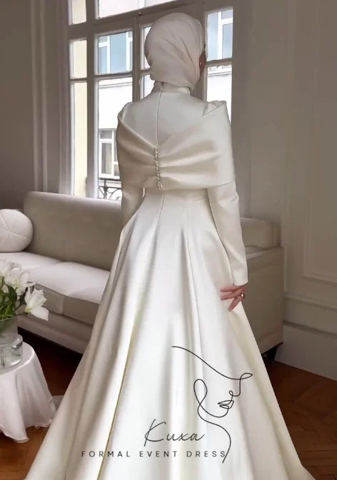 KUXA Customized Muslim Elegant Wedding Dresses A-Line Floor-Length Full Sleeves Buttons Pleated فساتين طويلة 2026