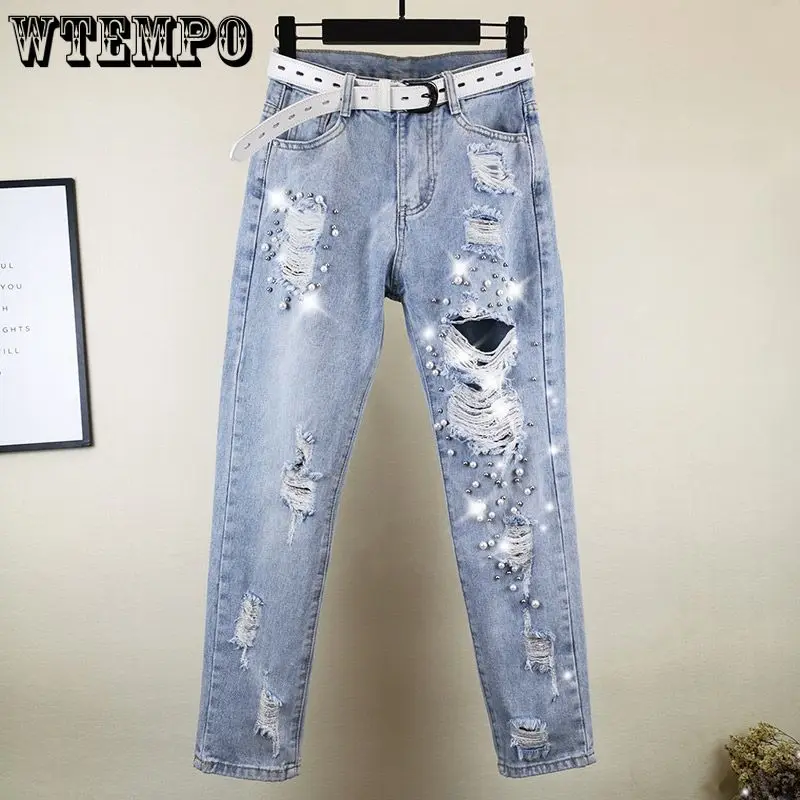 

WTEMPO Women's Distressed Jeans Washed Jean Pants Casul Pearl Low Waist Jeans Ripped Jeans for Women Broken Hole Trousers