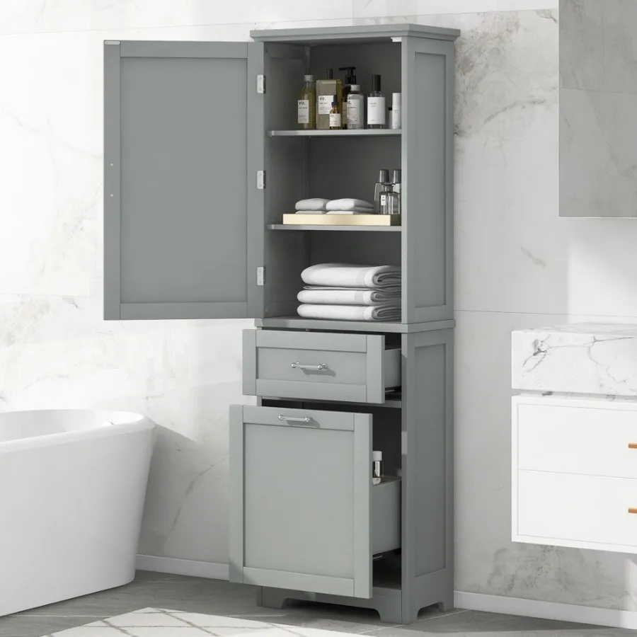 

Tall Bathroom Storage Cabinet Freestanding Storage Cabinet with Two Different Size Drawers and Adjustable Shelf MDF Board with