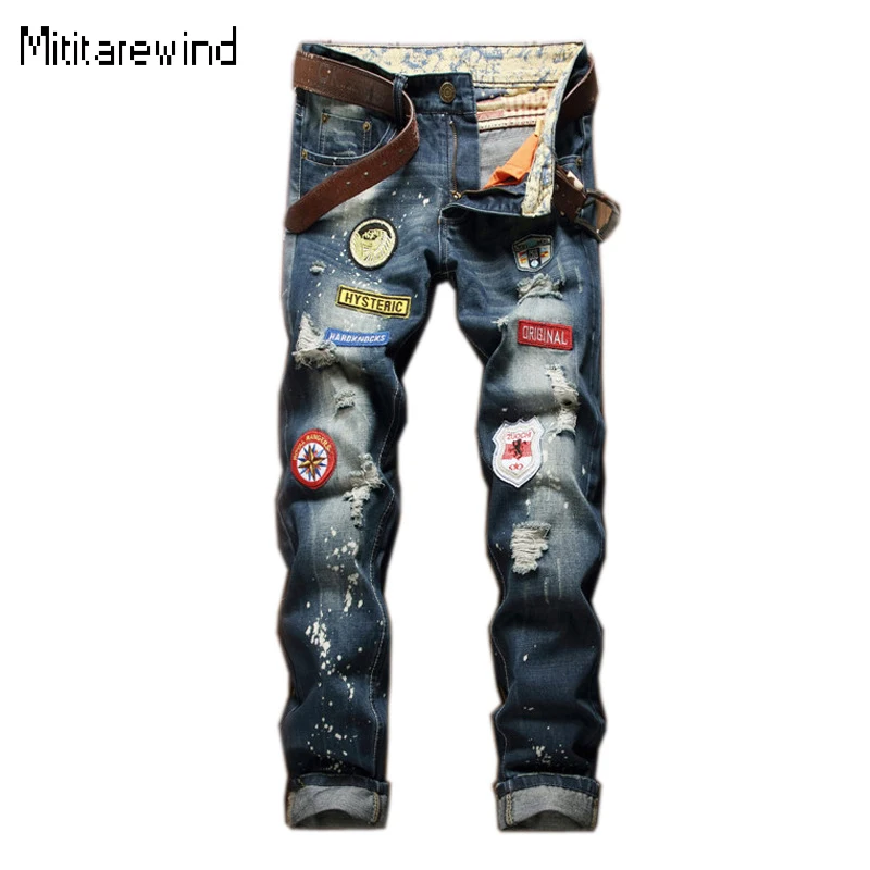 

Four Seasos New Mens Ripped Jeans Hip Hop Y2k Streetwear Badge Straight Slim Jeans Splashed Ink Distressed Denim Pants Trendy