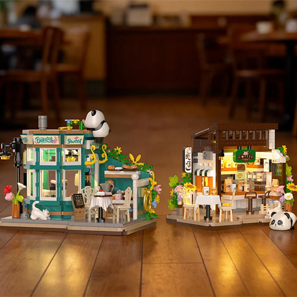 iDEA Loz Mini Diamond Building Block Panda Street View Pub Bakery Florist Coffee Shop Construction Toys With Light For Gift