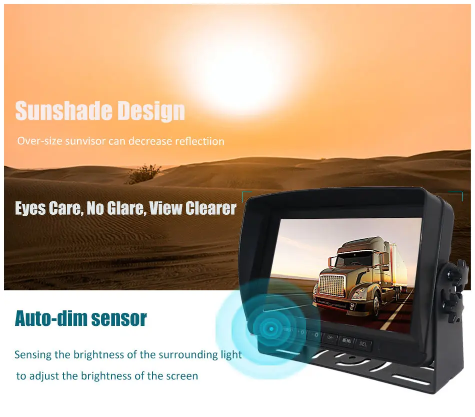 Monitor IPS 1080P de 7 polegadas CVBS AHD compatível com monitor AHD de tela dividida de caminhão 12V ~ 24V com 1 ano de garantia
