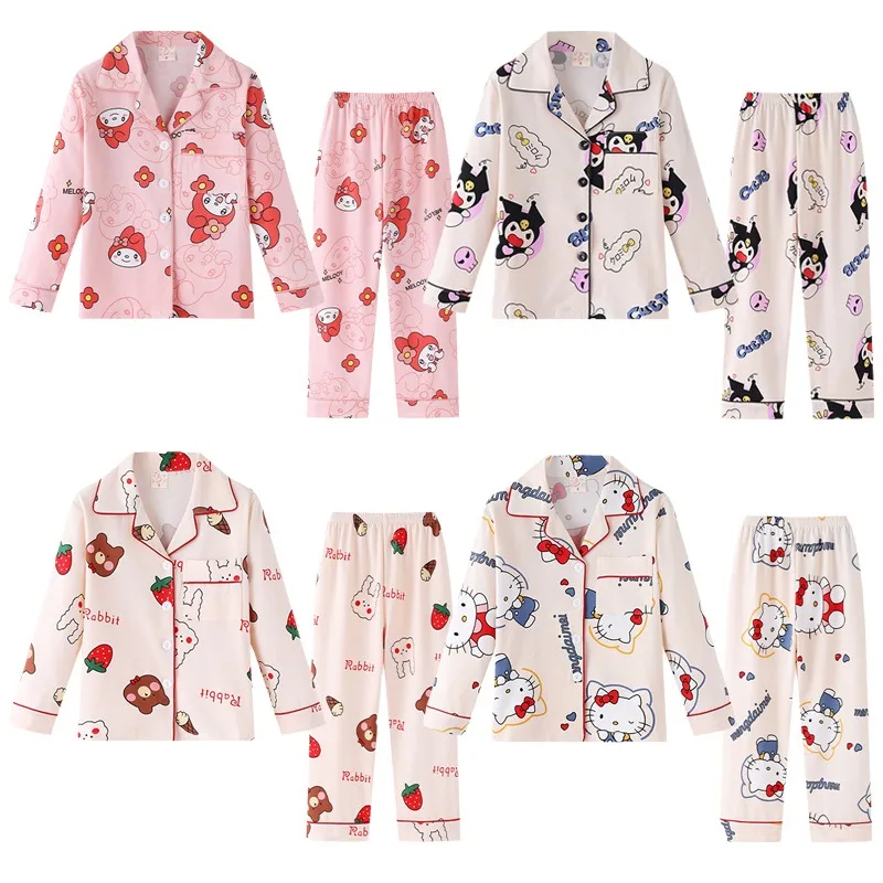 Мультяшный Sanrioed Hellokittys My Melody Kuromi детский пижамный комплект с принтом Kawaii Тонкие штаны с длинным рукавом Домашняя одежда детский подарок