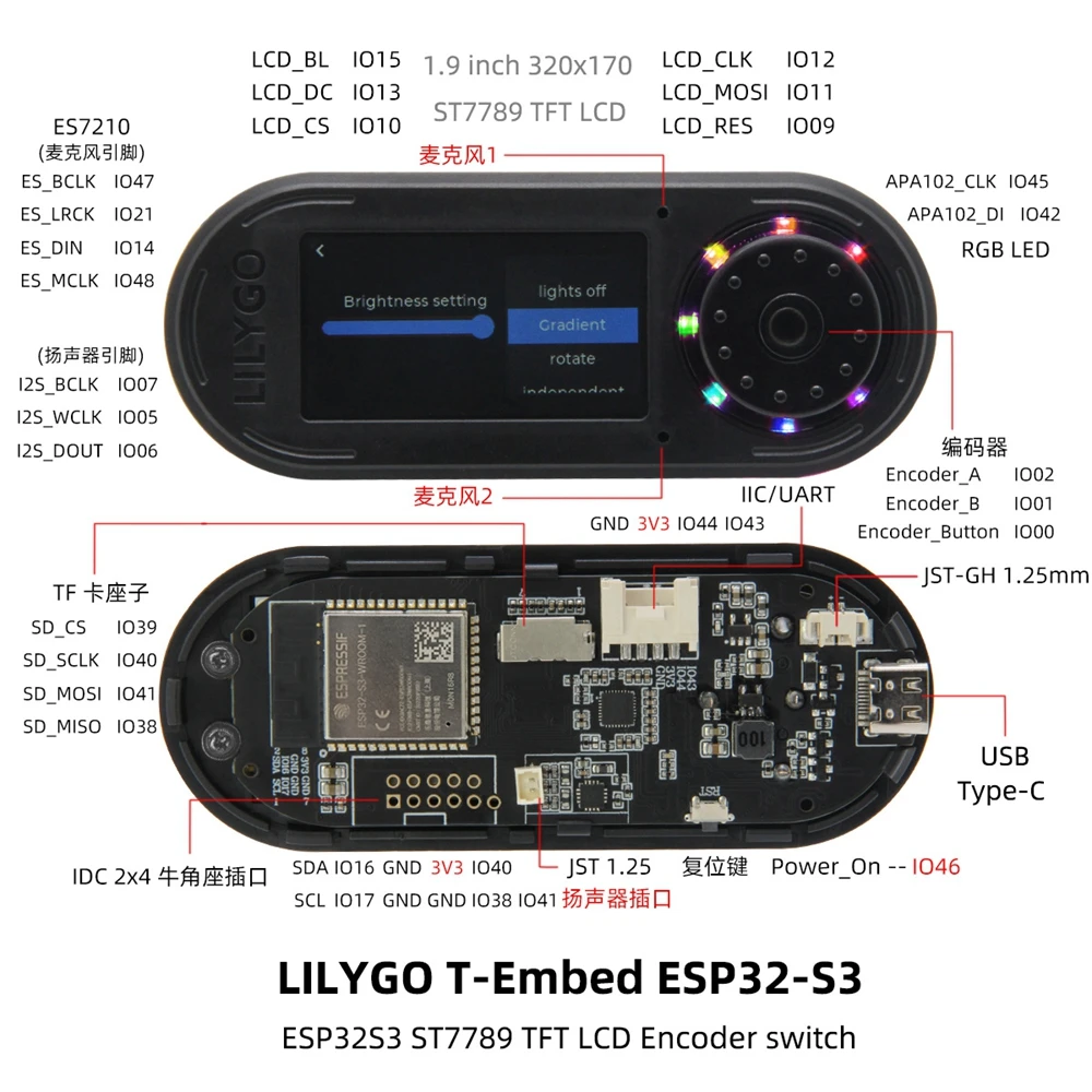 LILYGO® T-Embed ESP32-S3 1.9-inch LCD RGB microphone rotary encoder development board