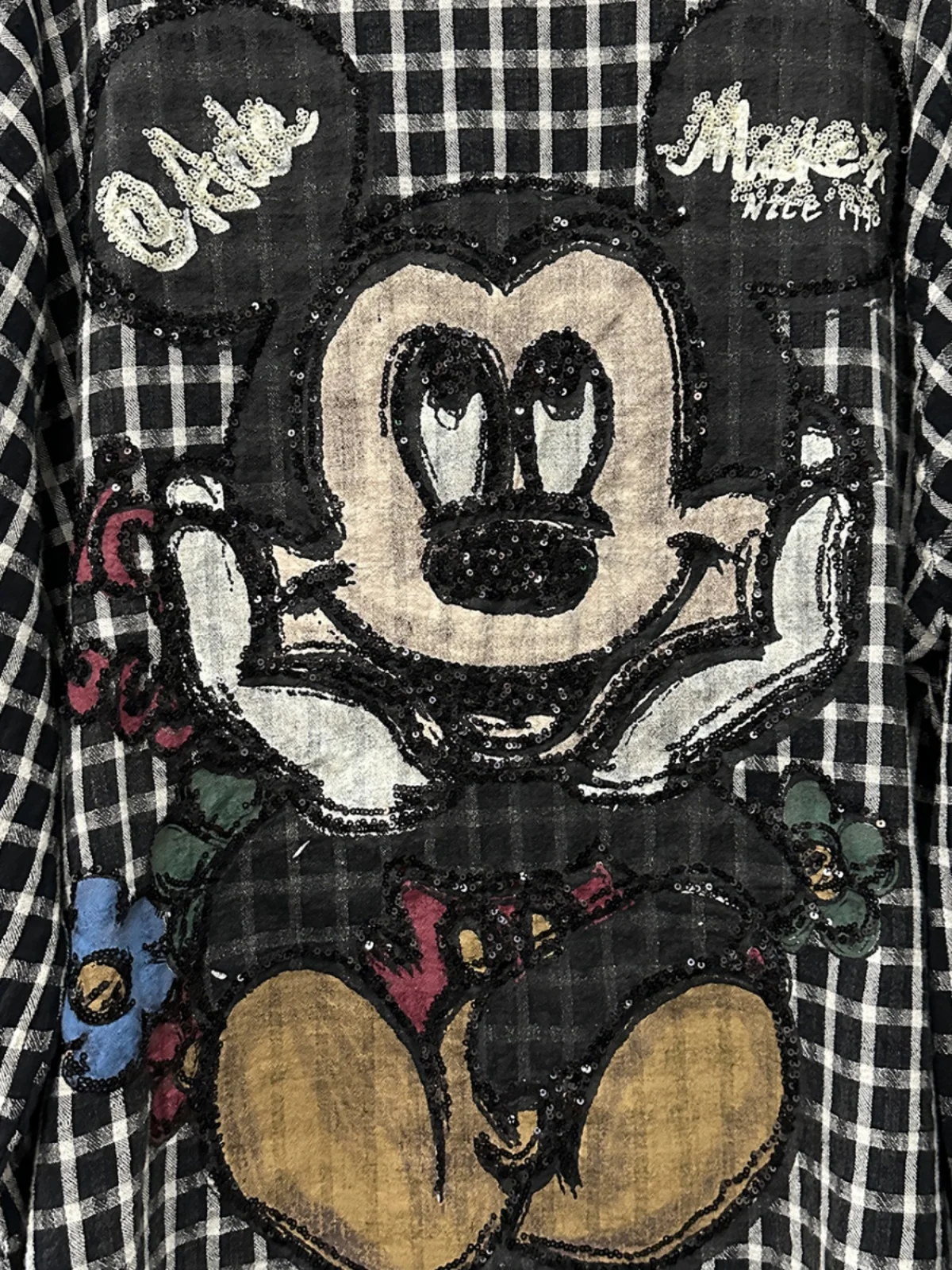 Spring and Summer New Heavy Industry Cartoon Plaid Long-sleeved Shirt Women's Loose Mid Length Street Hipster Sequined Top