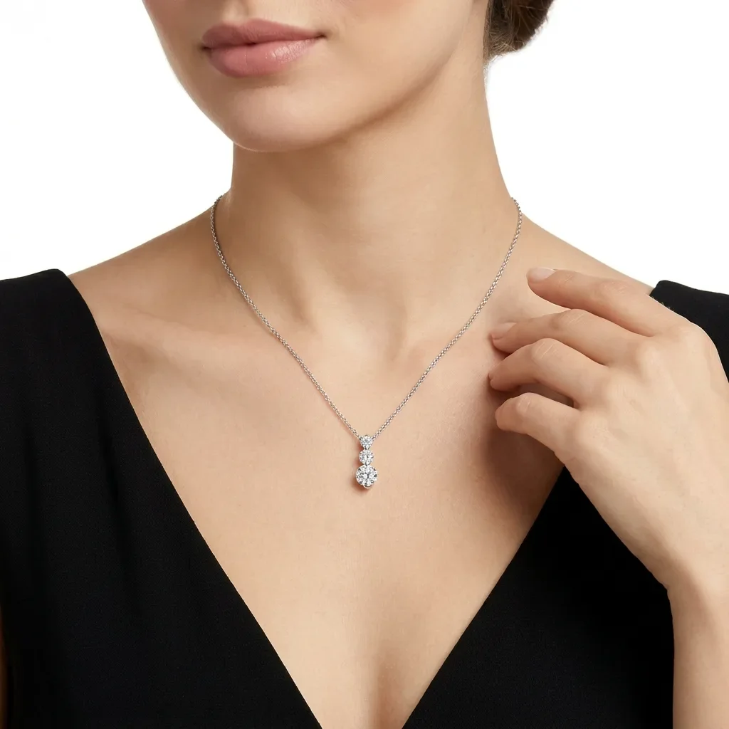 D‑Color Moissanite Pendant Necklace, S925 Sterling Silver 3 Round Graduated Stones, GRA Certified Elegant Jewelry for Her