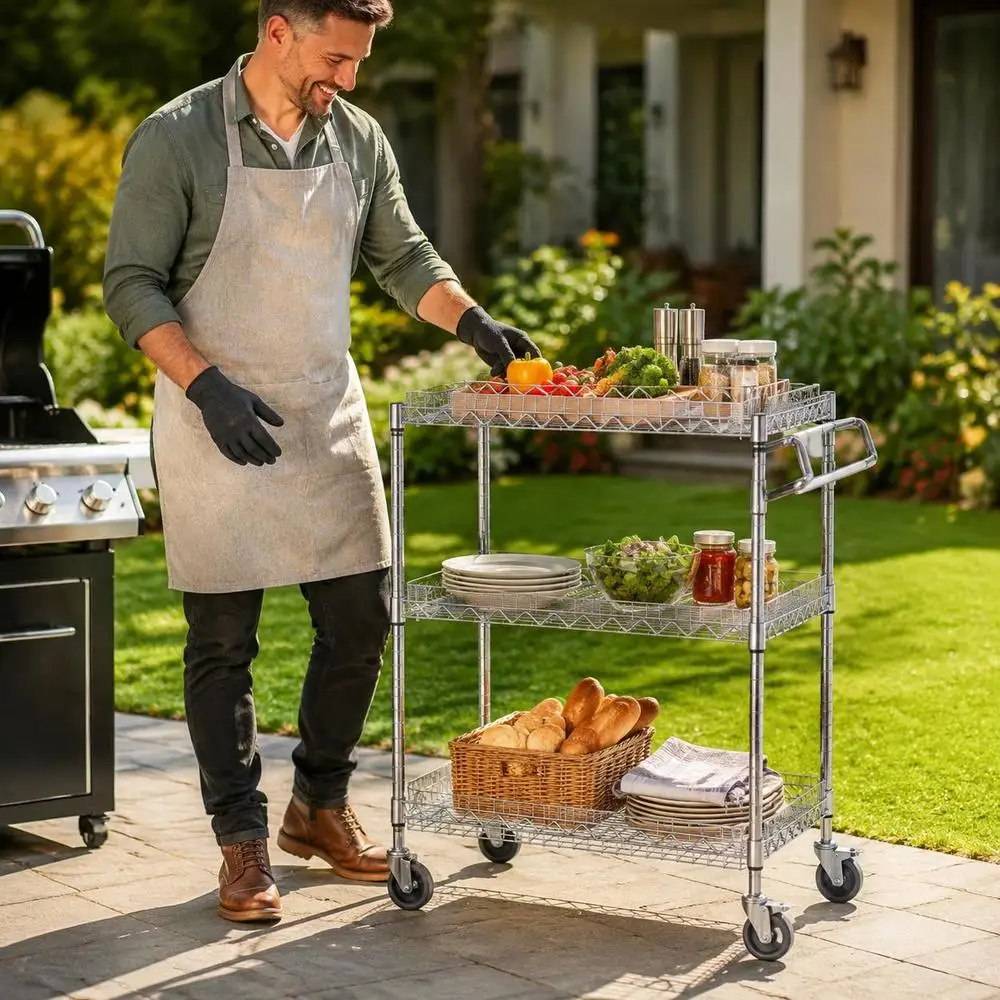 Chariot de service de cuisine à 3 niveaux 30 x 18 x 32 cm, structure chromée robuste avec panier creux et 6 crochets, quatre roues et capacité de charge de 300 kg, organisateur pratique pour