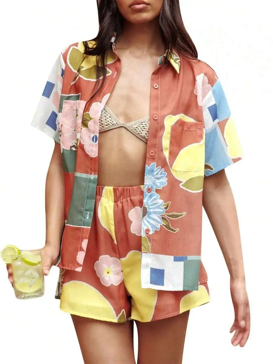 Women 2-Piece Loungewear Set Lemon Floral Print Short Sleeve Lapel Top Shorts