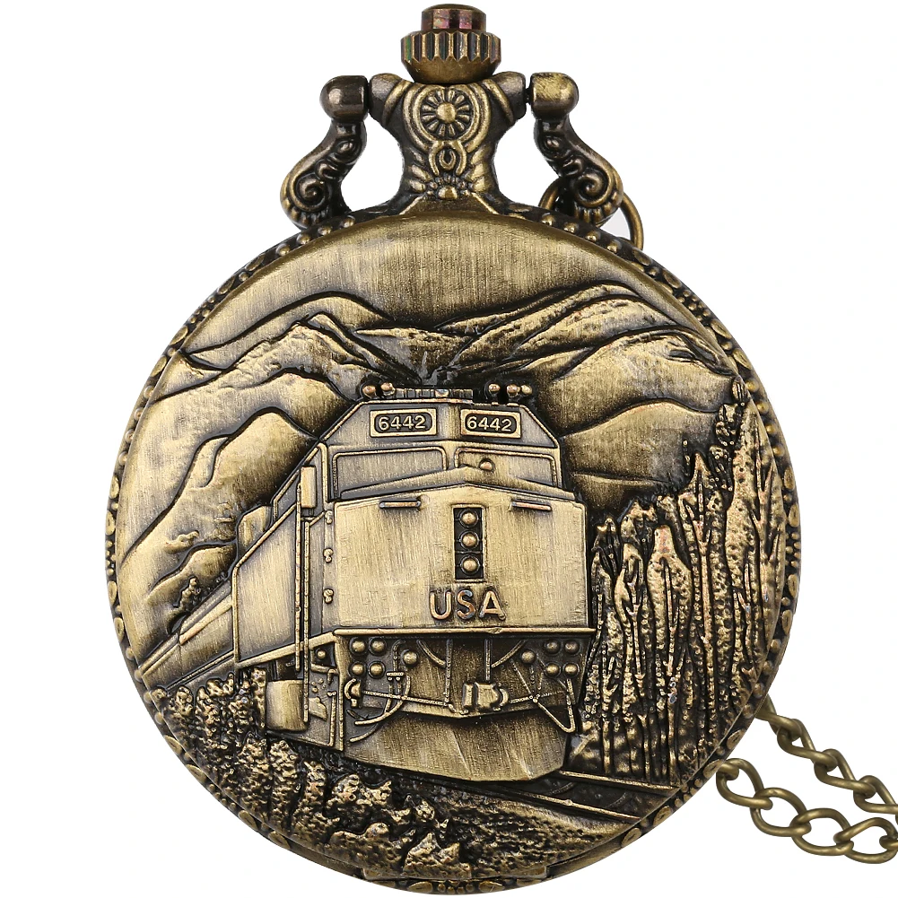 Bronze Train Pocket Watch with Chain Quartz Movement Necklace Pendant Pocket Clock Souvenir Retro Gift Men Women