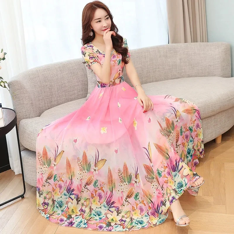 2024 Beach Floral Chiffon Midi Dress Women Elegant Summer Korean Fashion Casual Bodycon Party Evening Long Dresses