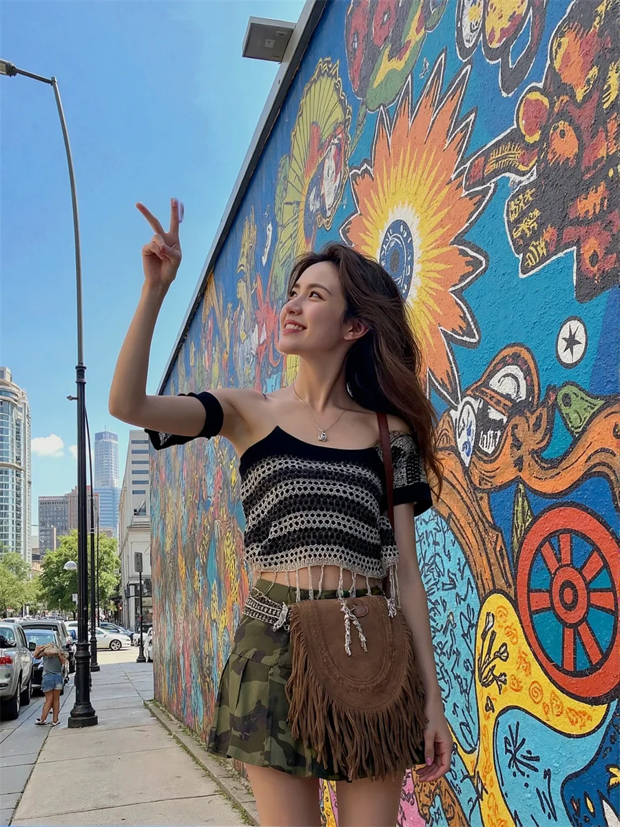 

Mini Camouflage Pleated Skirts Womens Double Layered Patchwork High Flare Unique Feminina Artistic Summer Lightweight Chic