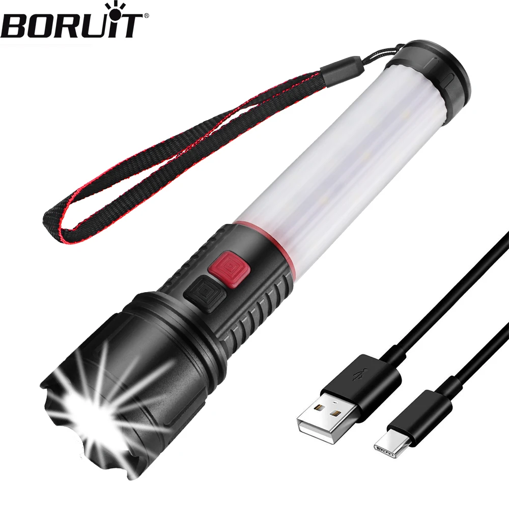 BORUiT High Power Zoom Lanterna LED Tipo-C Recarregável Tocha Com Ímã Camping Luz com 18650 Bateria Power Bank Função