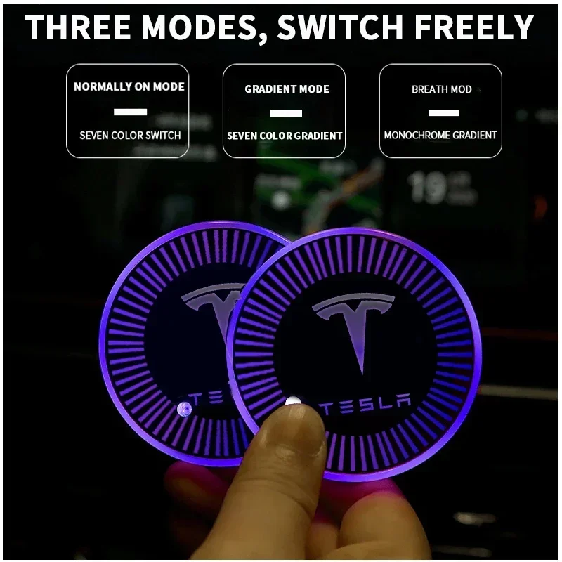 Car LED Coaster Light Water Cup Bottle Holder Interior Mat for Tesla Model 3 Y S X Roadster Cybertuck P75D P85D Auto Accessories