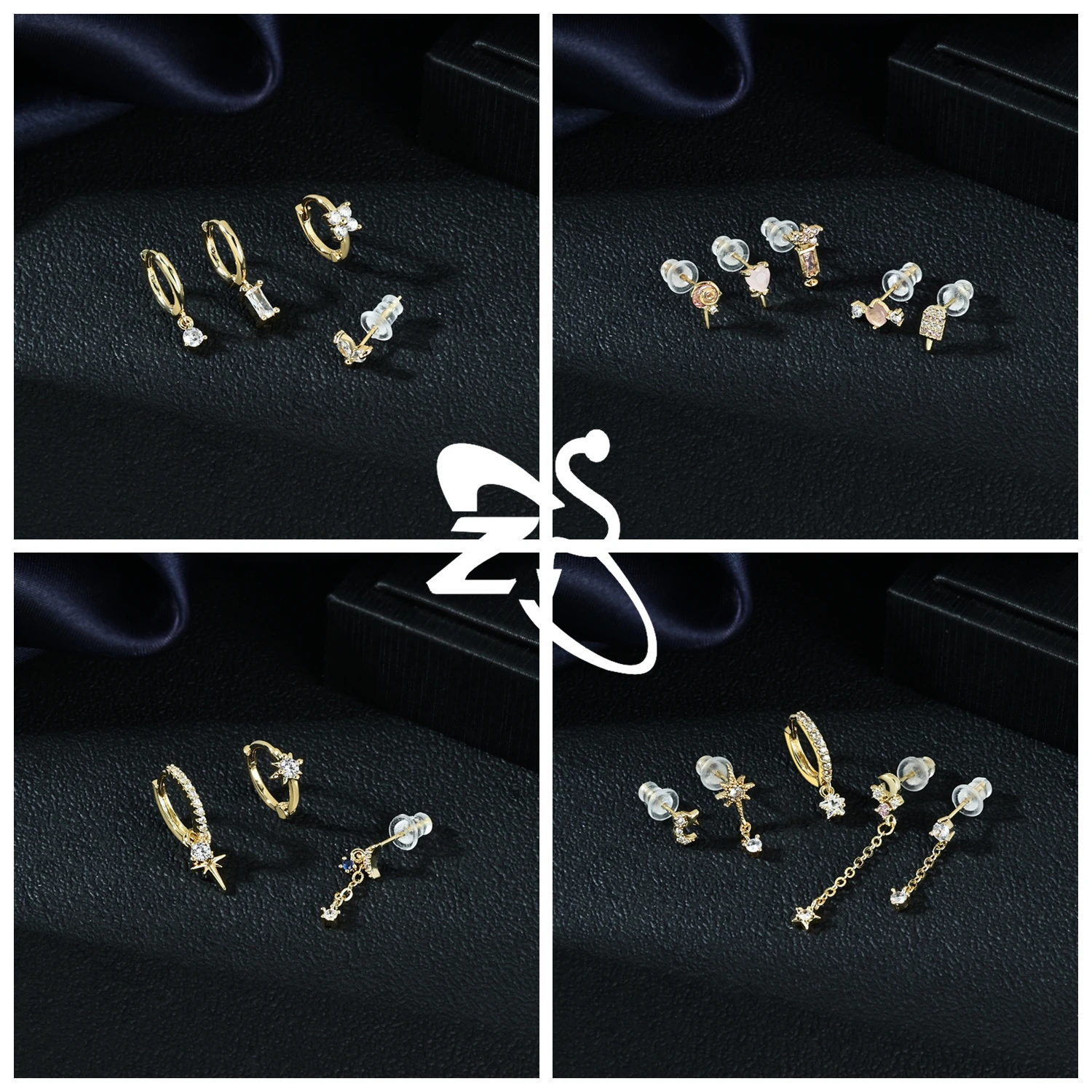 Zs 1 conjunto de brincos de prata esterlina 925, feminino, menina, flor, formato de estrela, argola, cristal cz, hélice, cartilagem, piercing, joias