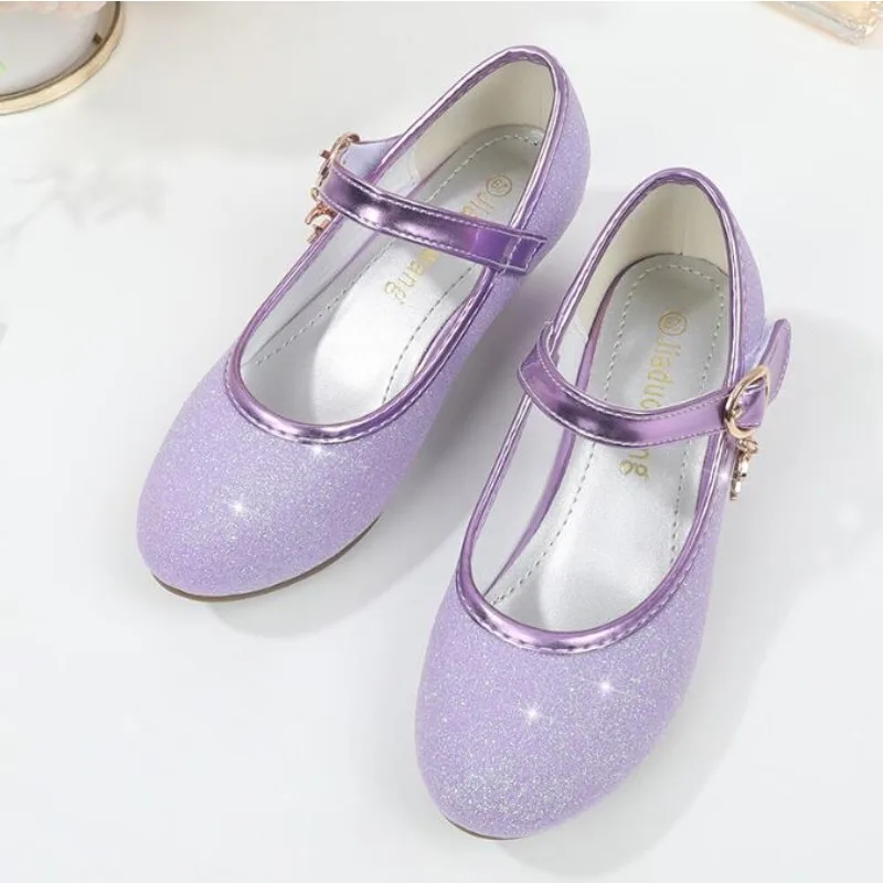 Children Princess Shoes Student Dance Shoes for Girls High Heel Sandals Dress Purple Kids Leather Glitter Crystal Shoes Banquet
