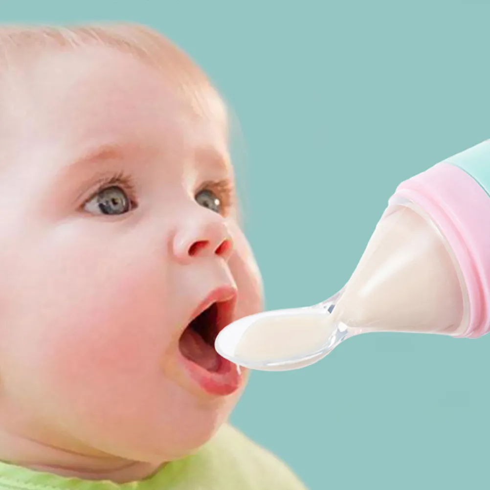 

2Pcs Silicone Squeeze Feeder Infant Cereal Spoon Bottle Rice Paste Bottle Healthy Food Grade Leak Proof Baffle for Toddler