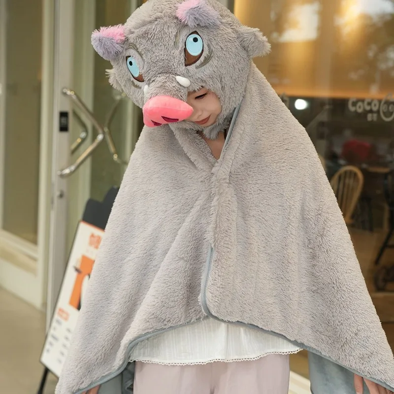 

Anime Hashibira Inosuke Cosplay Kimetsu no Yaiba Blanket Gray Cloak Fluffy Warm Quilt Hooded Cape Role Play Outfit for Women Men