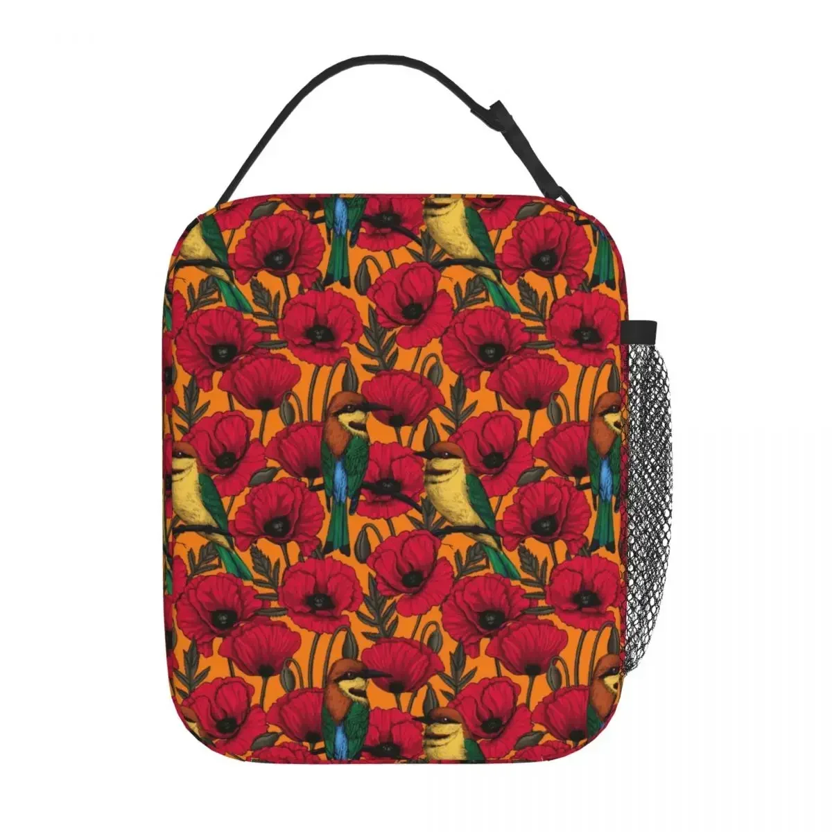 Birds Flower Lunch Bag Bee Eaters And Poppies Office Lunch Box For Women Retro Thermal Lunch Bags Oxford Insulated Cooler Bag