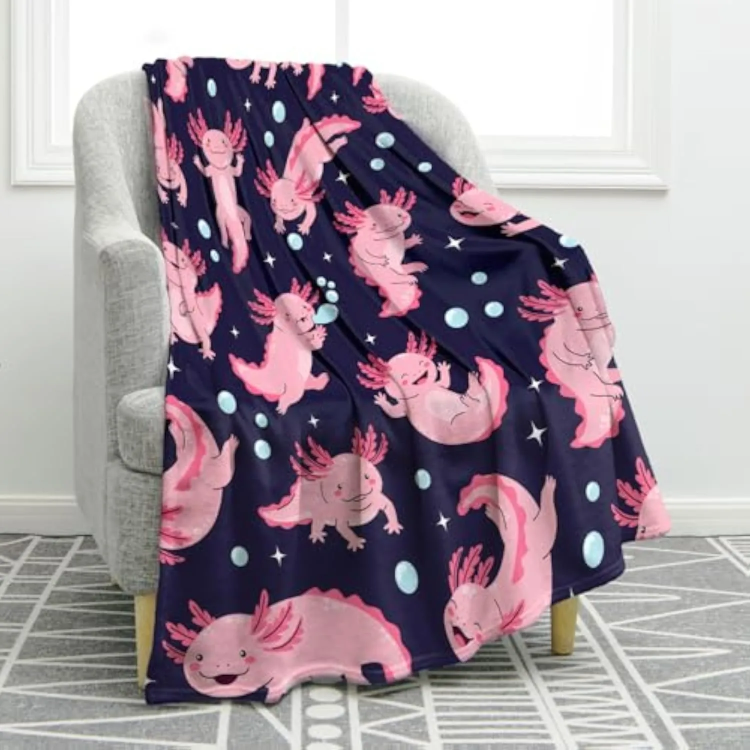 Cute Pink Axolotl Throw Blanket Dark Blue Background Cartoon Salamander with Bubbles Stars Pattern