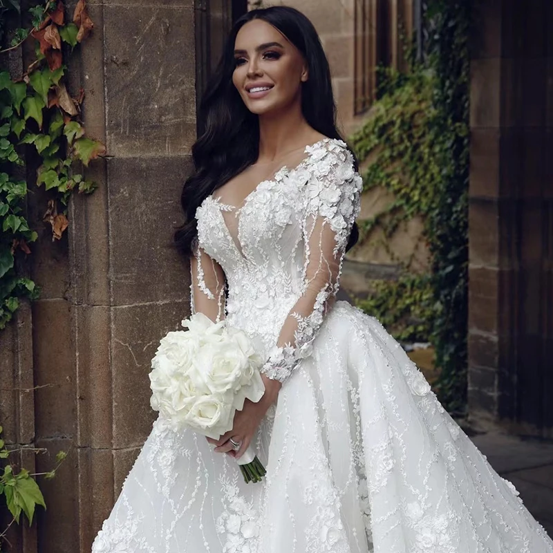 Vestido De novia De lujo con cuello redondo para mujer, manga larga, apliques 3D, flores, abertura lateral, vestido De novia De princesa, 2023