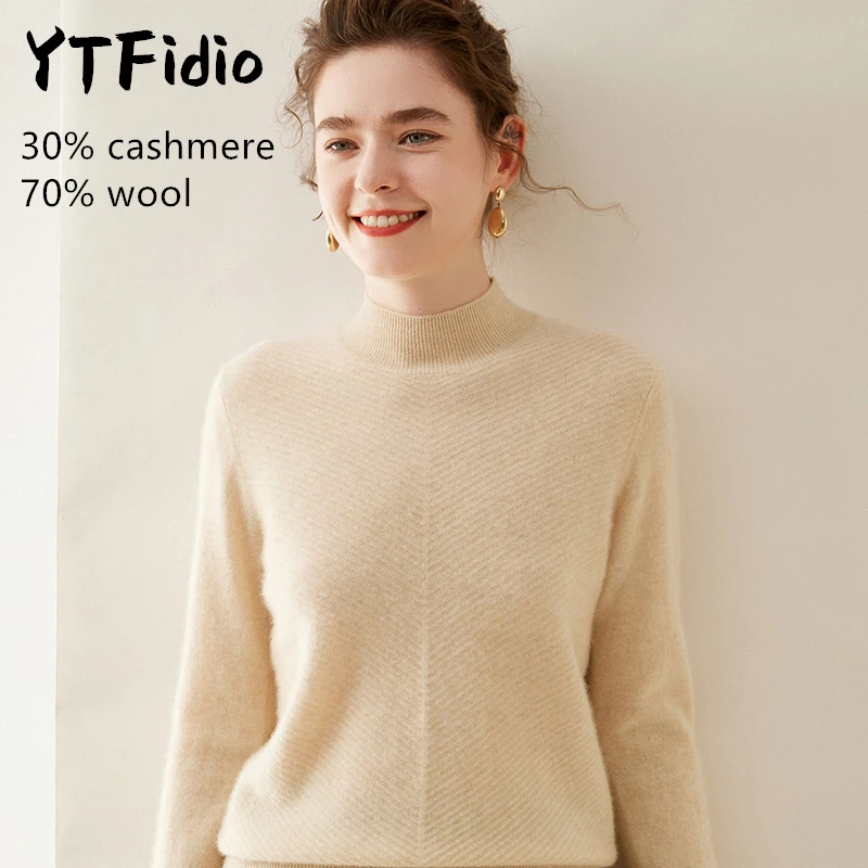 YTFidio Cashmere Merino Wool Sweater Women Half high collar Mock neck twill Casual Jumpers Solid Knitwear Pullover Tops 109