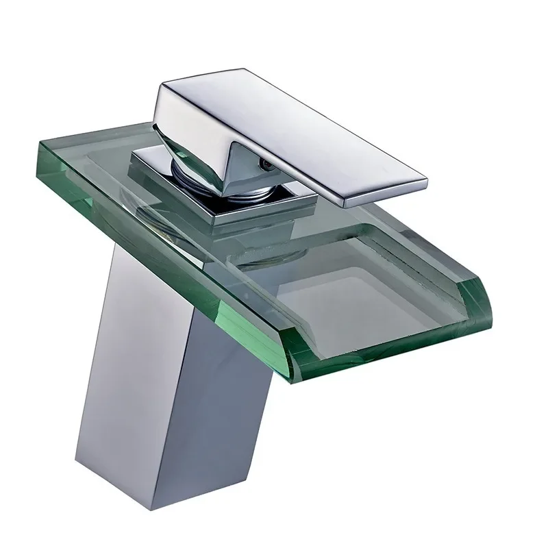 

Temperature-controlled three-color LED luminous glass faucet, square waterfall basin, basin on the table