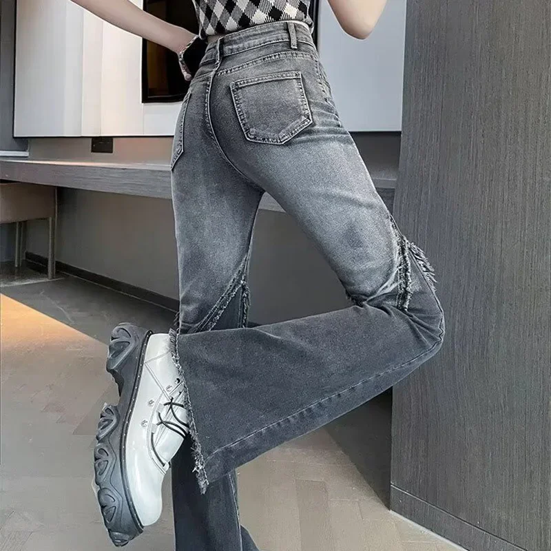 Lady Korean Retro High Waisted Jeans Pants Female Black Straight Leg Denim Pants Women Classic Thin Jeans Trousers