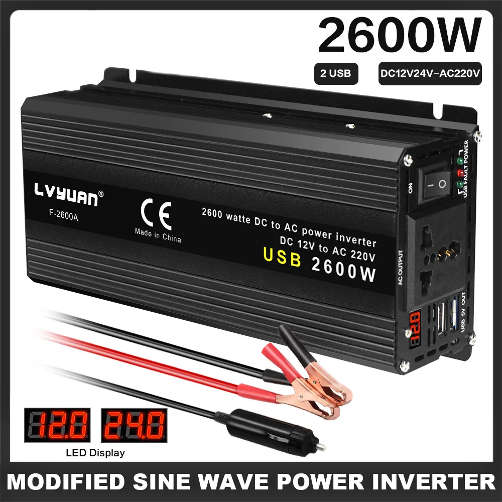 Falownik 12V/24V do 220V 1500W/2000W/2600W Zmodyfikowany konwerter mocy sinusoidalnej 50Hz/60Hz 2USB Uniwersalne gniazdo samochodowe Solor Inverter