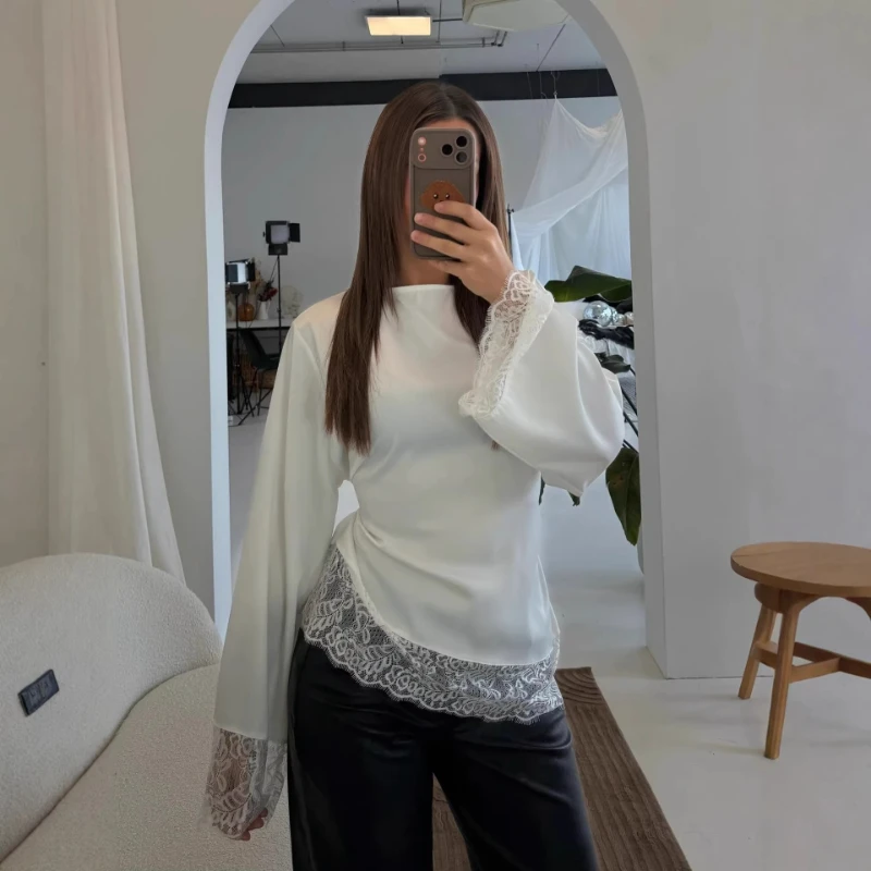 

2026 Spring New Round Neck Solid Color Satin Splicing Lace Bottom Long Sleeve Irregular Base Shirt for Women