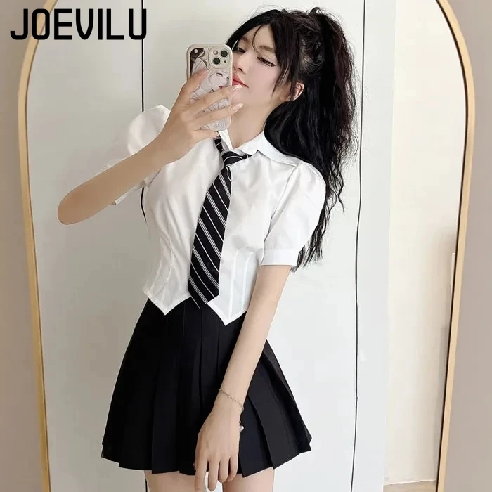 JOEVILU Cute Shirt Women\'s Tie Bubble Short Sleeved Crop Top Summer Skinny Y2k Tops Japanese Academy Style T-shirt Slim Fit Tee