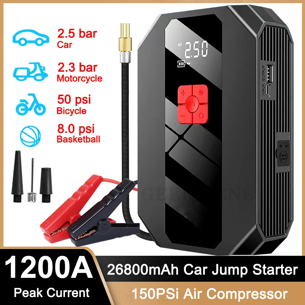 26800mAh Car Jump Starter Portable  Power Bank Air Compressor 150 PSi Tire Inflator Auto Portable Battery Starter for Cars