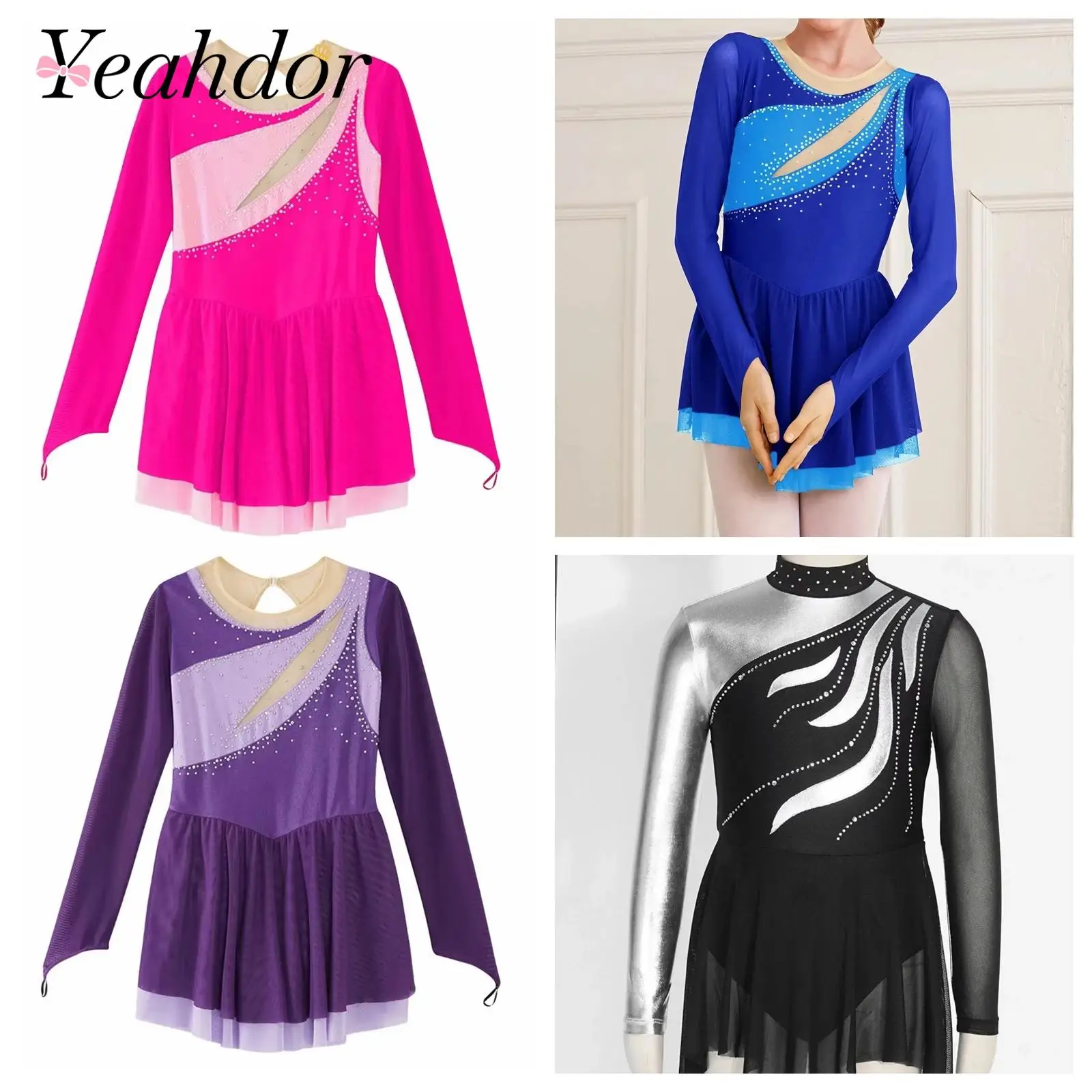

2025 Children Girls Ballet Leotard Dress Kids Rhinestone Lyrical Dance Rhythmic Gymnastics Costume Figure Skating Mesh Dresses