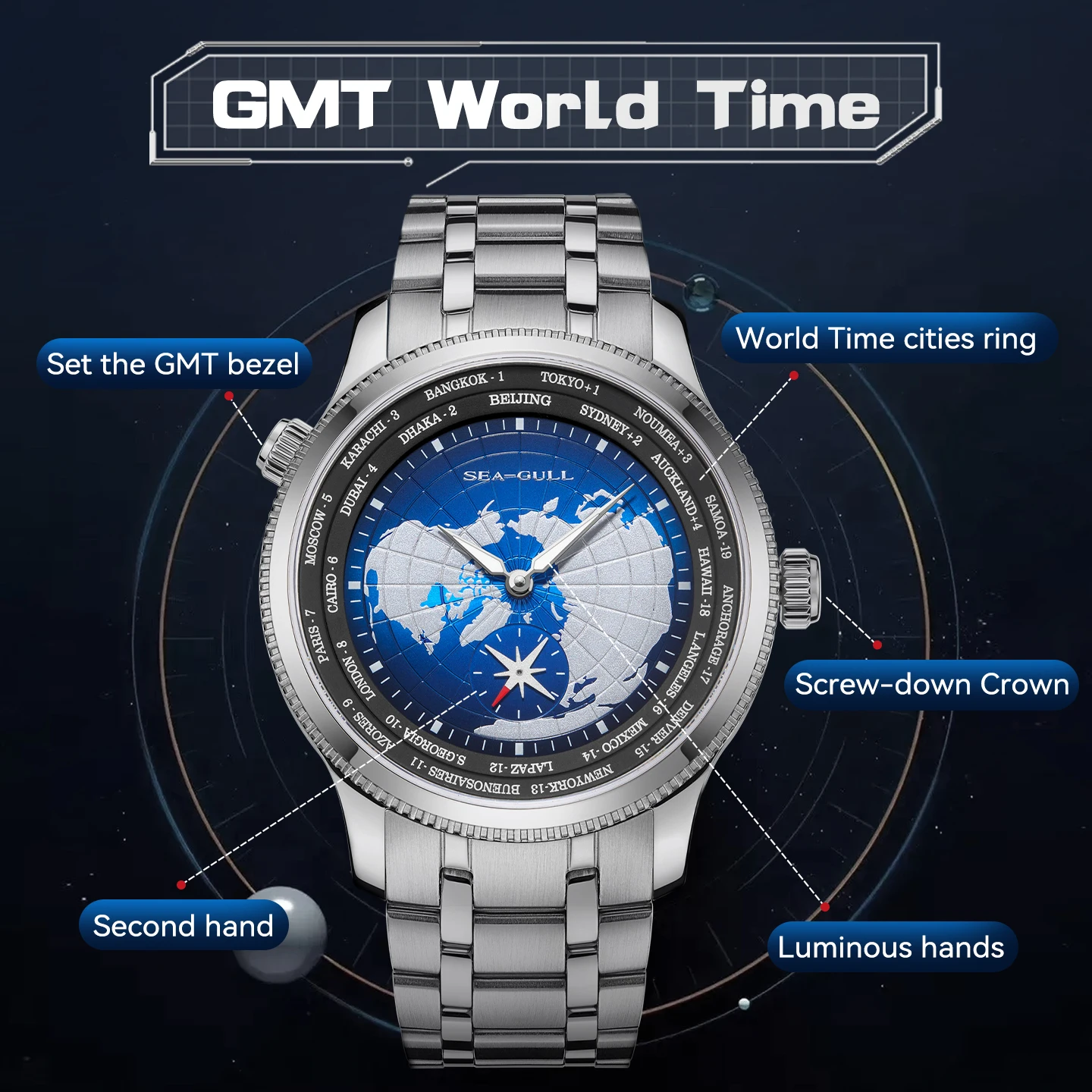 Seagull GMT メンズ腕時計マルチタイムゾーンカレンダー自動機械式時計 