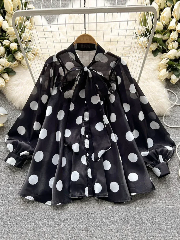 Women\'s Spring Summer New All-match Chiffon Shirt Bow Tie Long-sleeved Polka Dot Western-style Top Blouse D999